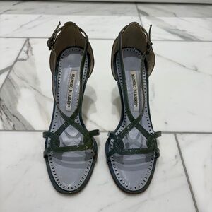 Manolo Blahnik Patent Blue Leather Strappy 3 Inch Heels Size EU 35.5